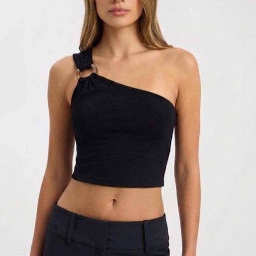 KOOKAÏ black one shoulder crop top with ring detail in size S. Original $85